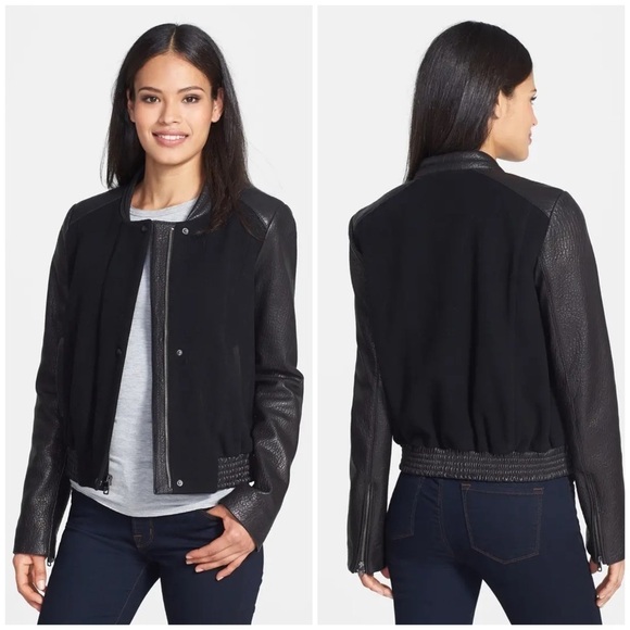 COLE HAAN Leather & Wool Bomber Jacket Black - Picture 2 of 8